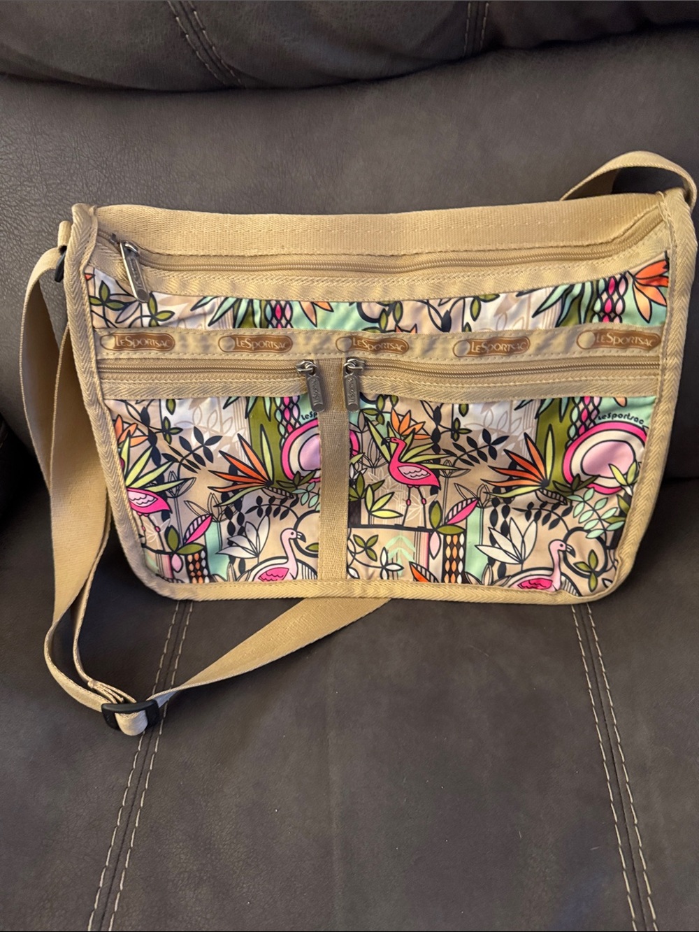LeSportsac Beige Crossbody with Pink Flamingo & Multicolor Tropical Print
